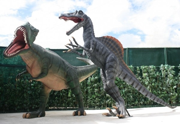Dinosaurier Spinosaurus greift Tyrannosaurus an