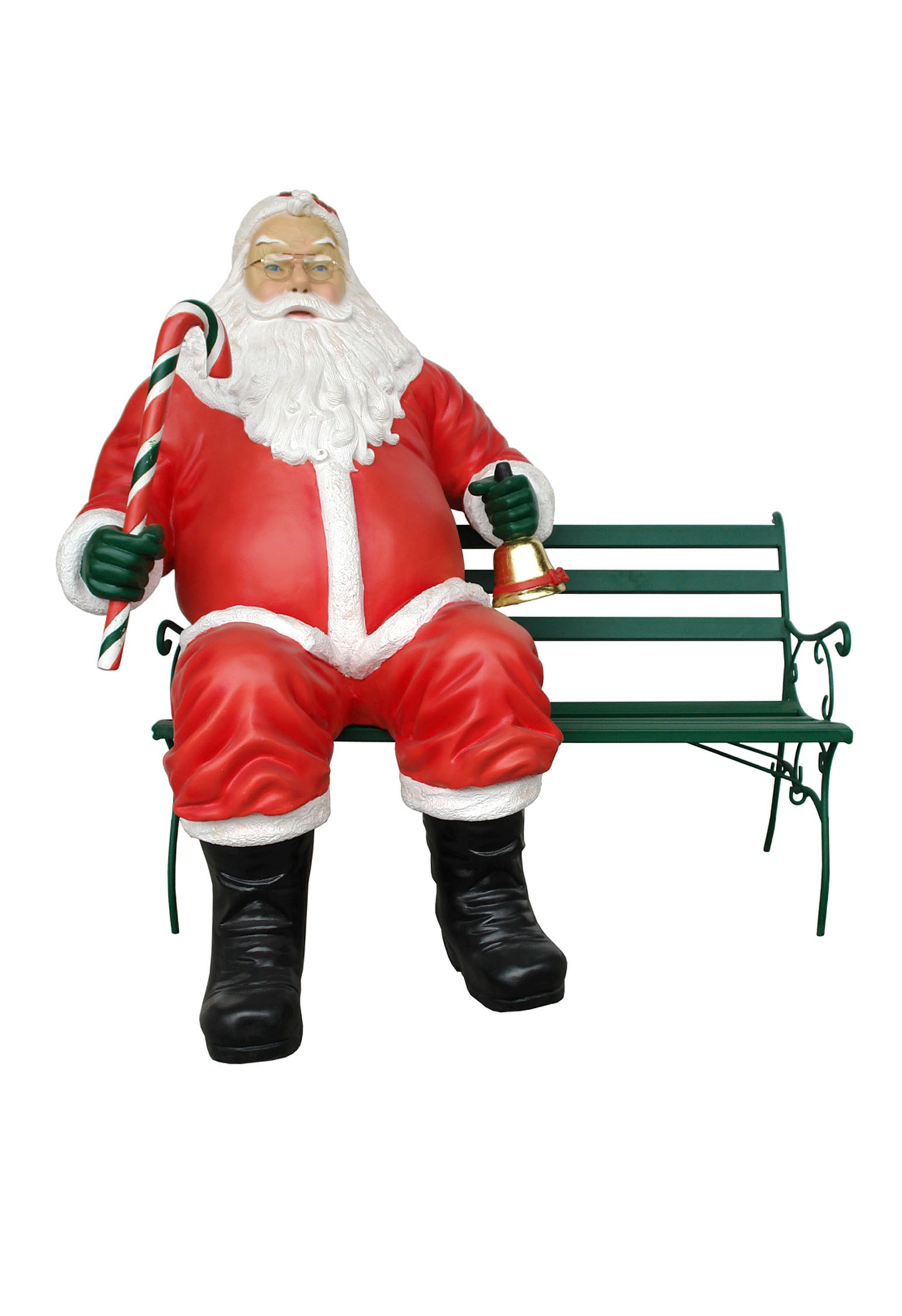 sitzender dicker Weihnachtsmann auf Bank mit Glocke und Zuckerstange