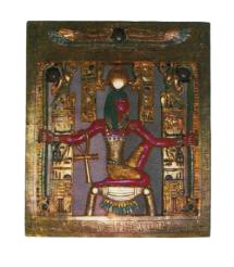 Ägypter auf Wandtafel mit Hieroglyphen