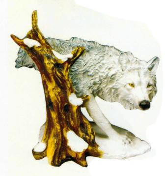 weißer Wolf am Baumstumpf
