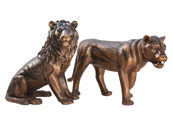 Löwe sitzend Löwin stehend Bronze