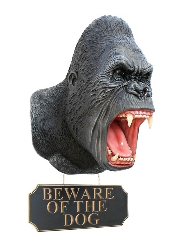 Gorillakopf mit *Beware Of The Dog*Schild