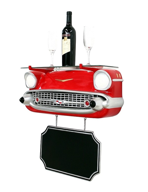 Wandregal Chevy Rot mit Glasplatte und Angebotsschild