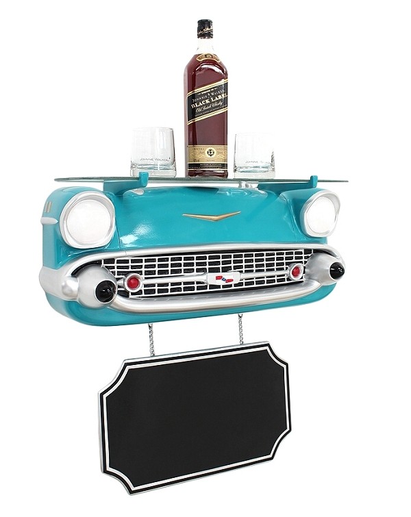 Wandregal Chevy Hellblau mit Glasplatte und Angebotsschild