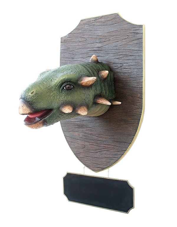 Dinosaurier Gastoniakopf auf Holz mit Angebotsschild