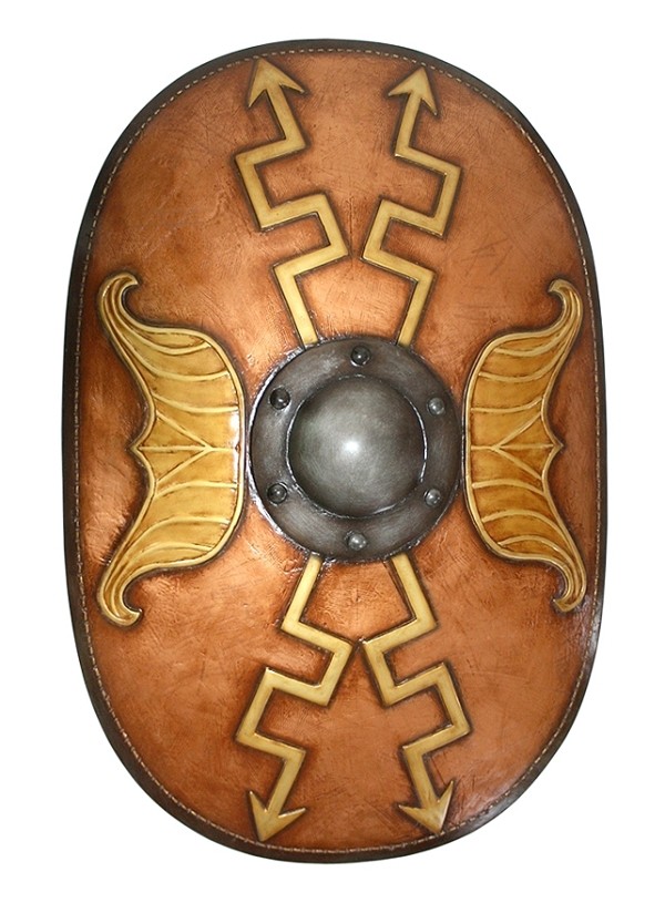 Antikes Mittelalterliches Schild Oval Orange mit goldenen Pfeile