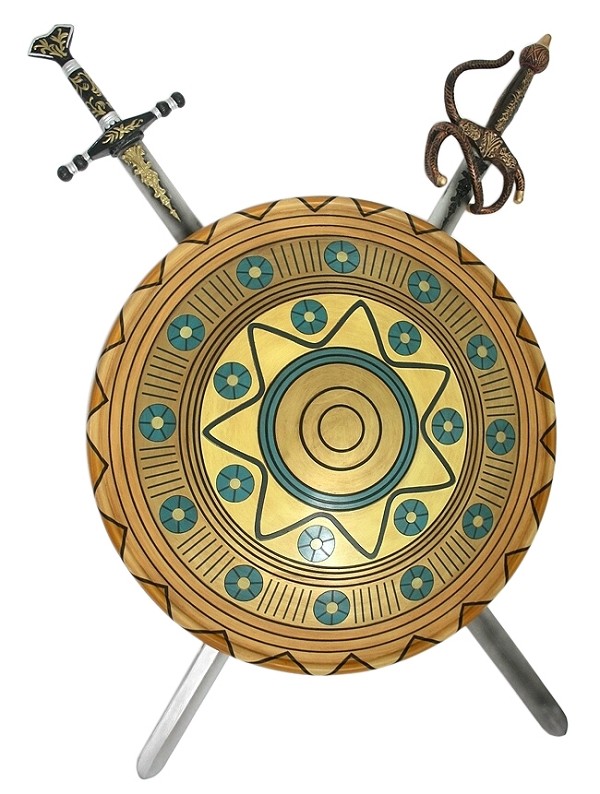 Antikes Schild Gold Blau mit 2 Schwertern