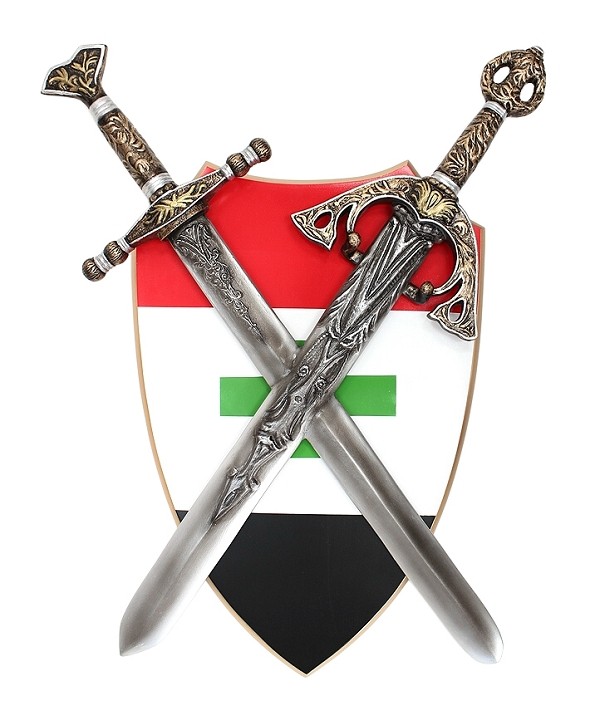 Schild Rot Weiß Schwarz mit grünem Kreuz und Schwertern davor