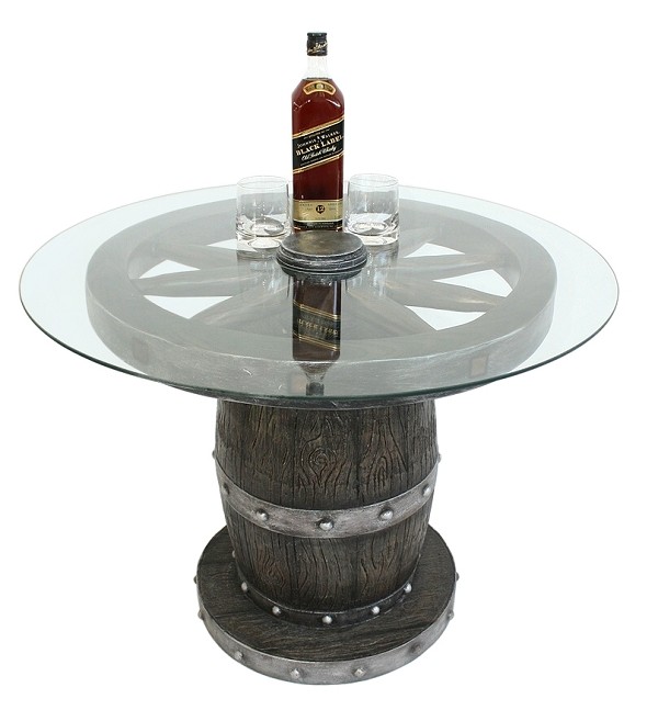 Weinfass und Wagenrad Tisch mit Glasplatte