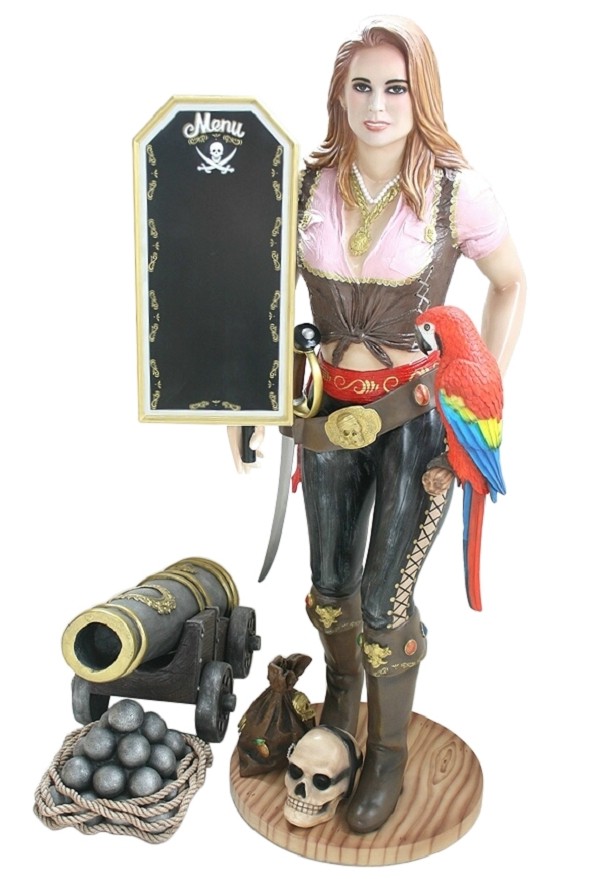 Piratenfrau Butler mit Papagei, Kanone und Angebotsschild
