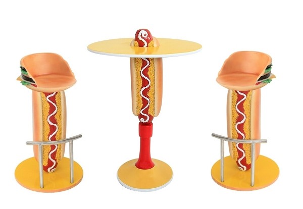 Hot Dog Tisch auf Ständer und Hot Dog Burger Sitze