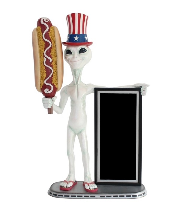 Alien amerika mit Hotdog und Angebotstafel