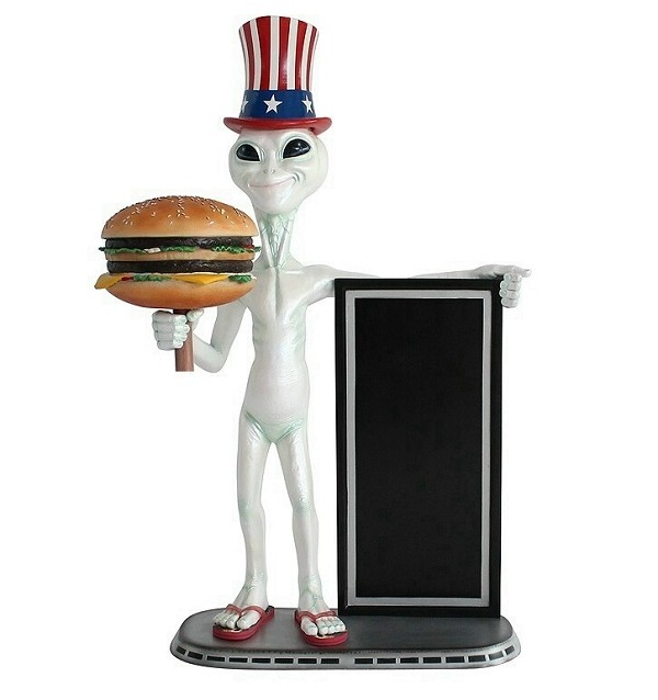 Alien amerika mit Burger und Angebotstafel