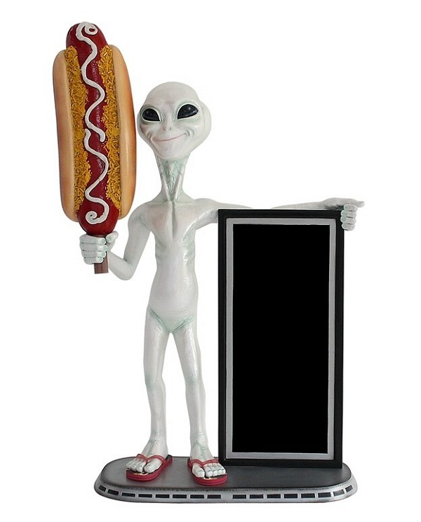 Alien mit Hotdog und Angebotstafel