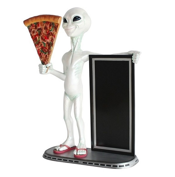 Alien mit Pizzastück und Angebotstafel