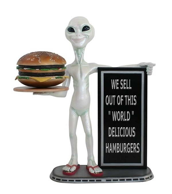 Alien mit Burger auf Tablett und Angebotstafel 2