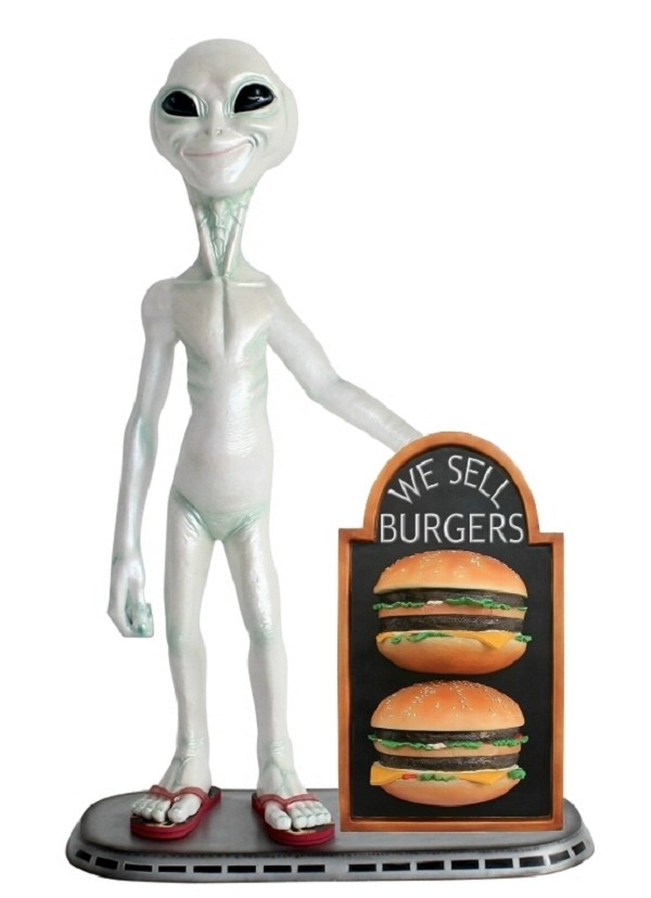Alien mit 2 Burgern auf Angebotstafel