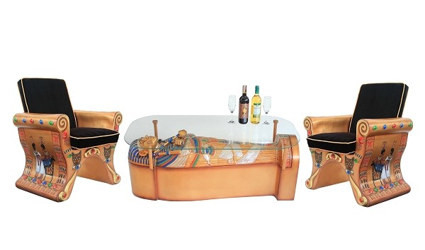 ägyptischer Sarg Tisch mit Glasplatte und Sitzen