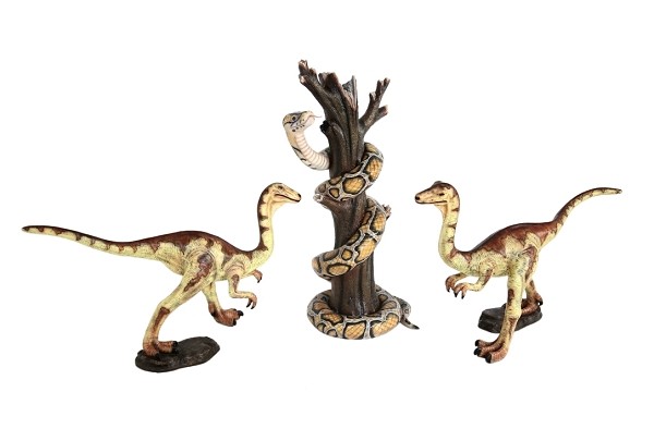 Dinosaurier Raptors greifen Python auf Baum an
