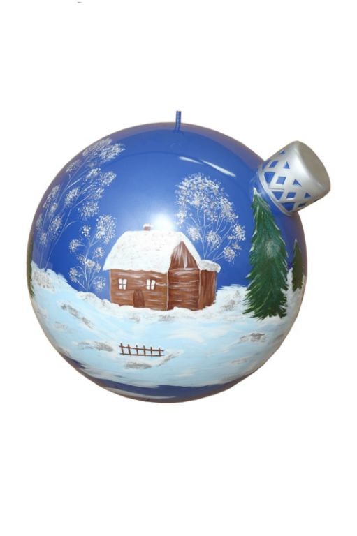Blau glänzende Weihnachtskugel mit Wintermotiv