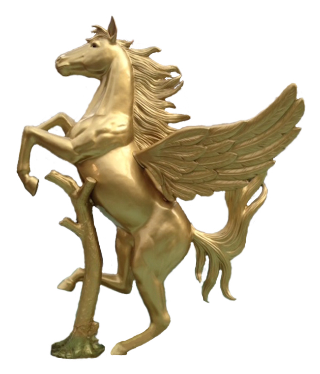 Aufsteigender goldener Pegasus an Baumstamm