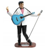 Elvis im weißen Jackett, blauer Gitarre und Mikro 