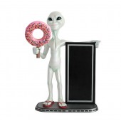 Alien mit Donut rosa und Angebotstafel