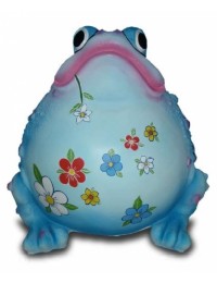 Dicker aufgeblaener Frosch mit dekorativer Blumenbemalung blau