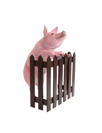 Rosa Schwein stehend am Zaun