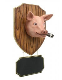 Schweinekopf mit Zigarre und Angebotsschild