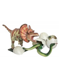 Dinosaurier Dilophosaurus greift Anakonda in Ei an