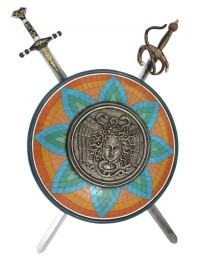 Antikes Schild mit Medusa Orange Blau Grün und 2 Schwertern