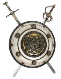 Antikes Schild mit Medusa Weiß Gold und 2 Schwertern