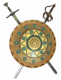 Antikes Schild Gold Blau mit 2 Schwertern