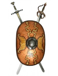 Antikes Schild Oval Orange mit goldenen Pfeilen und 2 Schwertern