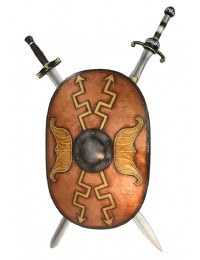 Antikes Schild Oval Orange mit goldenen Pfeilen und 2 Schwertern