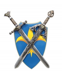Schild Blau Gelb mit Schwertern davor