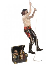 Piratenfrau kletternd und Schatztruhe