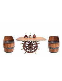 Schiffssteuer Tisch mit Holzplatte Oval und Weinfasssitzen