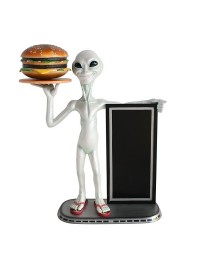 Alien mit Burger auf Tablett und Angebotstafel 1