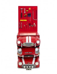 Regal mit roten AutoSchubladen und Werkzeugfür Wand
