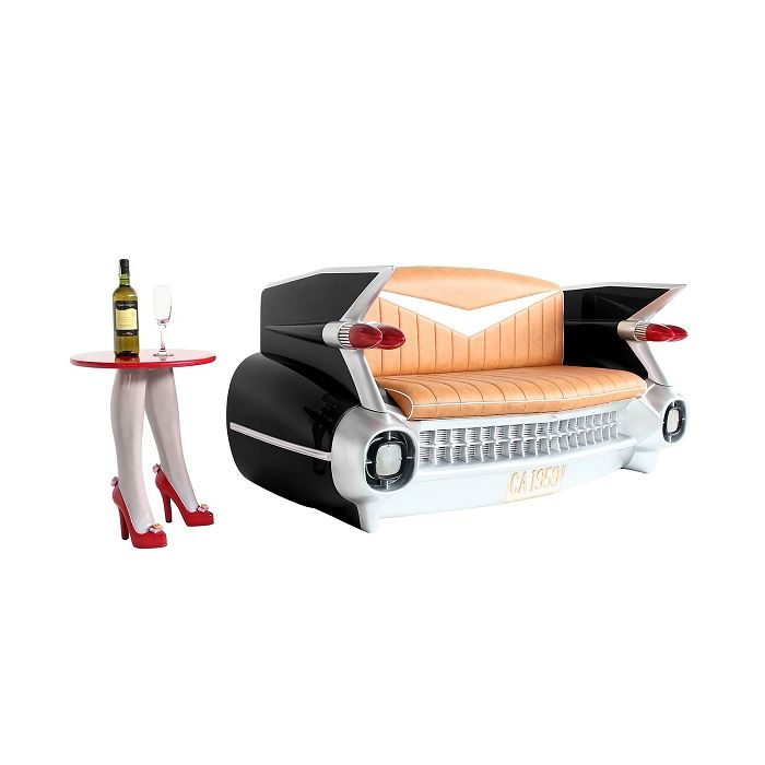 Sofa Cadillac Schwarz mit braunem Polster lebensgroß Sitzmöglichkeit, Tisch