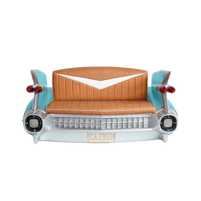 Sofa Cadillac Hellblau mit braunem Polster lebensgroß Sitzmöglichkeit, Tisch