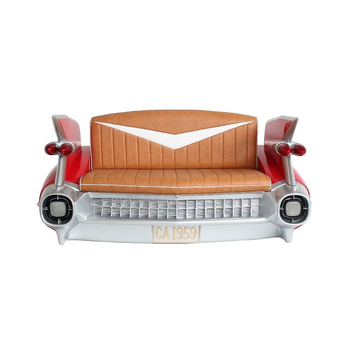 Sofa Cadillac Rot mit braunem Polster lebensgroß Sitzmöglichkeit