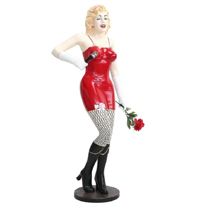 Marilyn in Rot mit Rose und Mikro lebensgroß Dekorationsfigur