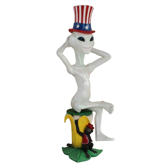 Alien mit amerikanischem Hut auf Bananenhocker mit Affen lebensgroß Deko- & Werbefigur