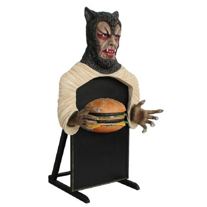 Werwolf Angebotstafel klein mit Burger lebensgroß Deko- & Werbefigur