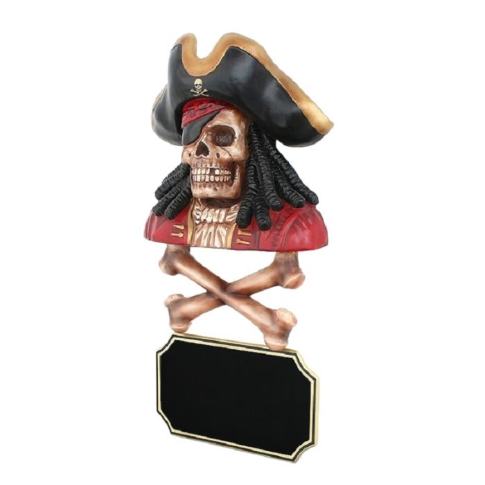Piratenskelett mit Knochen und Angebotsschild lebensgroß Angebotstafel