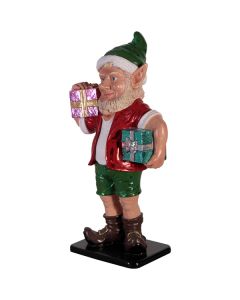 sonniger Weihnachtsgehilfe Elf mit zwei Geschenken lebensgroß