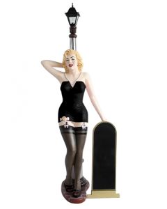 Marilyn schwarz schwarz mit Laterne und Angebotstafel lebensgroß